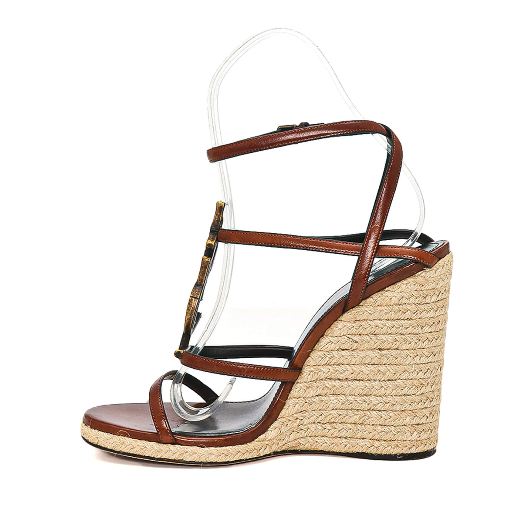 Yves Saint Laurent - Brown Leather Ankle Strap Espadrille Wedge Pumps